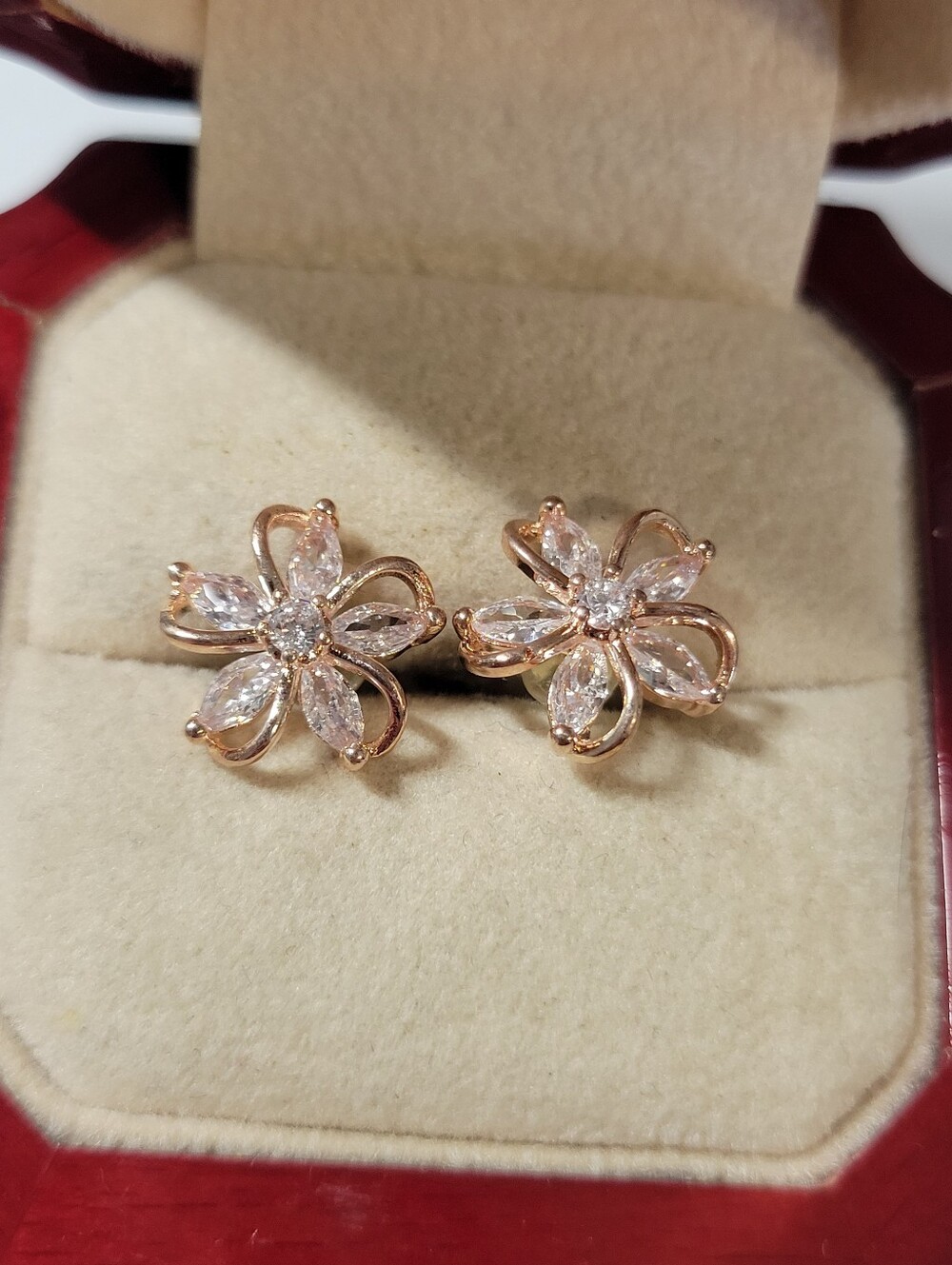 Rose Gold Planted 925 Floral Crystal Stud Earrings - Women Jewelry